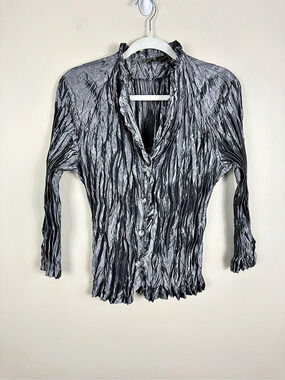 Y2K Crinkle Top Womens Large Whimsigoth Fairy Gray Metallic Button Front Blouse